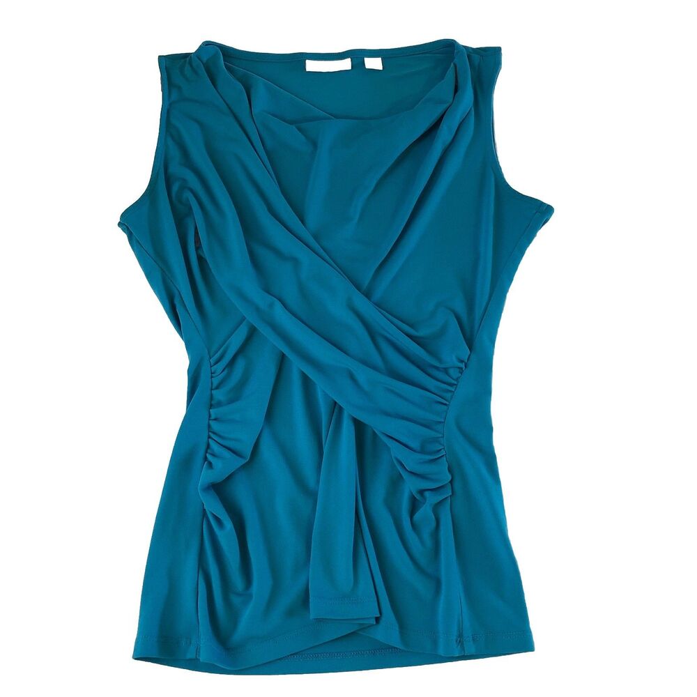 New York & Company Teal Cowl Neck Ruched Faux Wrap Sleeveless Blouse Size XS